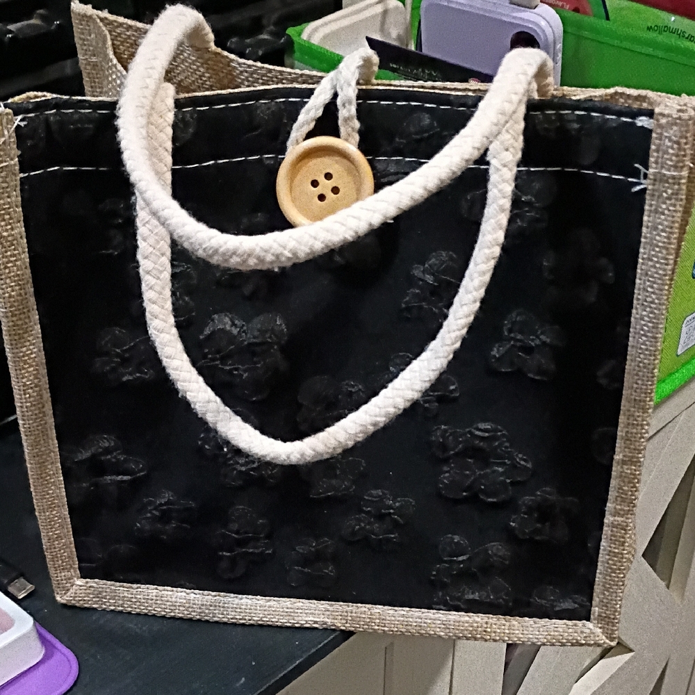 Black Floral Rope-Handle Tote Bag